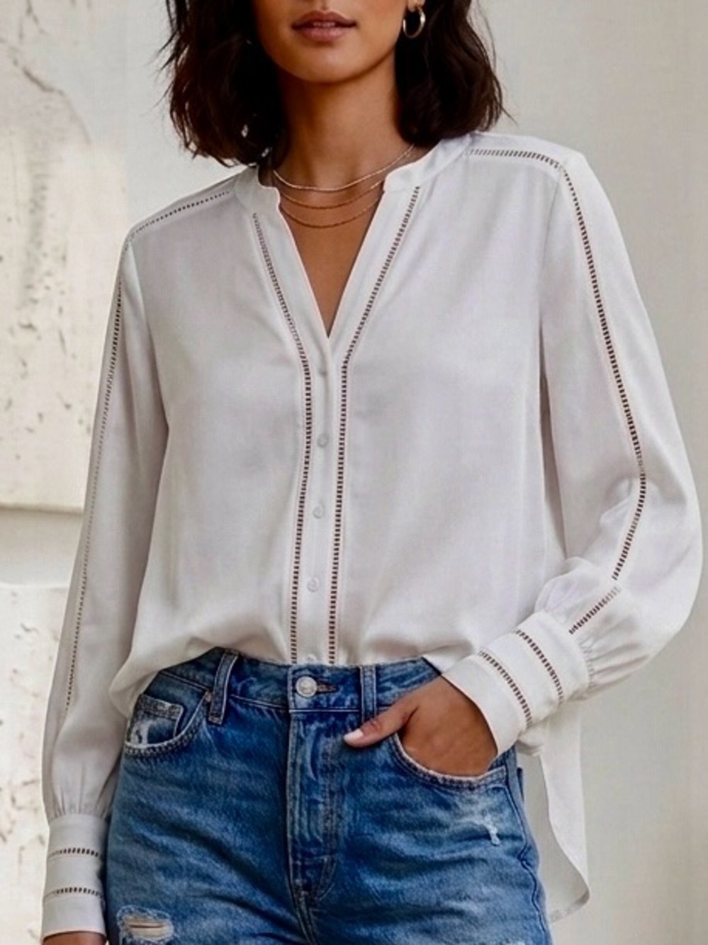 L'AGENCE White Button-Front Lightweight Blouse with Ladder Trim